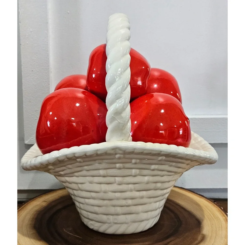 VTG Farmhouse Ceramic Red Apple Cottagecore Basket Decor White Basket